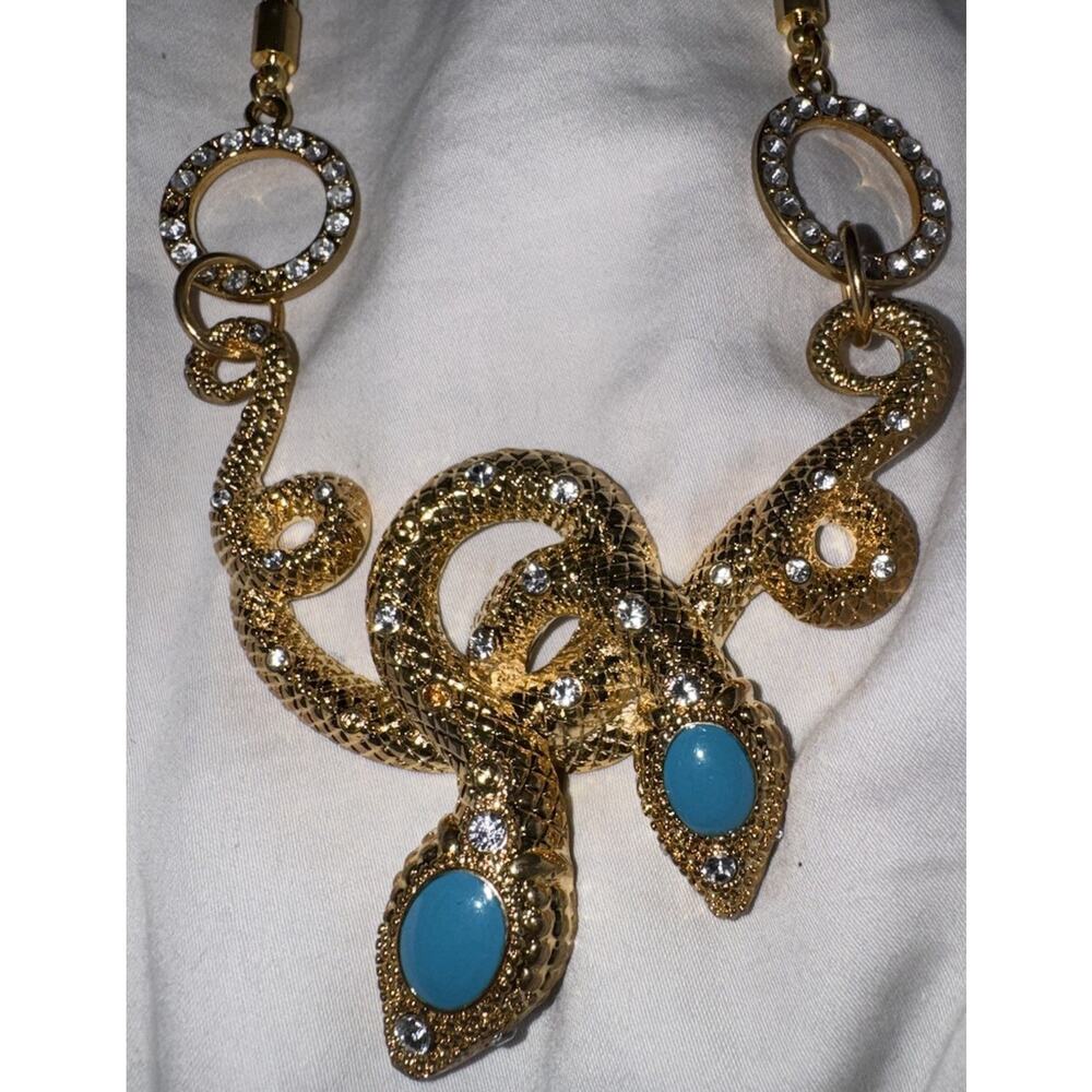 Gold Tone Snake Statement Necklace Blue Cabochon Rhinestone Bib Jewelry NWT